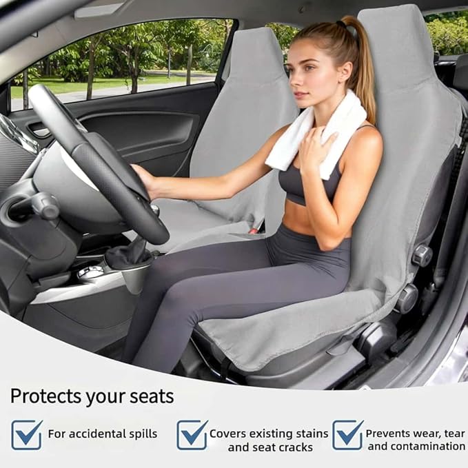 Grey Car Seat Covers, 2PCS Premium Auto Seat Towel Fit Cars SUV Trucks, Ideal Gift for Active People Who Work Sweat Swim Run Beach