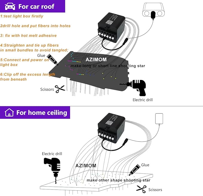 AZIMOM 4Colors 2 in 1 Meteor Twinkle Fiber Optic Starlight Headliner Kits Mixed860pcs 13.1ft Fiber Strands,RGB Meteor Shooting Star 240pcs, Sound Remote APP Control Home Ceiling Car Headliner Decor