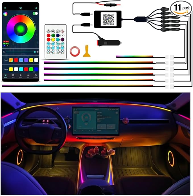 Ambient Lighting Car Led Lights Interior Kit,6 in 1 RGB Music Sync Acrylic Led Lights for Car Interior,175 inches DIY Fiber Optic Neon Accent Strip Ambiance Lighting with Wireless APP Remote