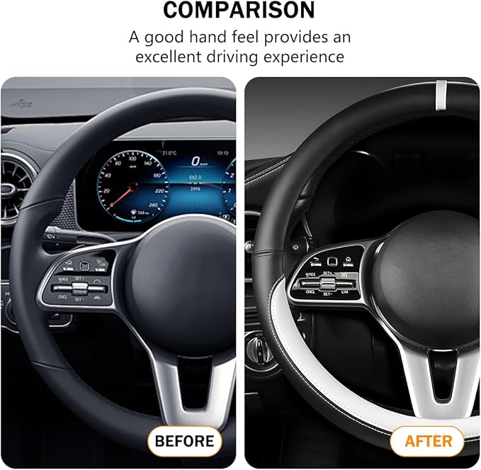 Car Steering Wheel Cover, 15 Inch Leather Anti-Slip Breathable Vehicle Steering Wheel Protector, Automotive Interior Protection Accessories, Universal for SUV Sedan Truck (Black/White)