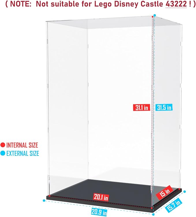 Choowin 31 inch Tall Acrylic Display Case for Lego Disney Castle 71040 Display Thickened Clear Acrylic Display Cases for Collectibles Figures Doll Assemble Dustproof Display Box(Black Base)