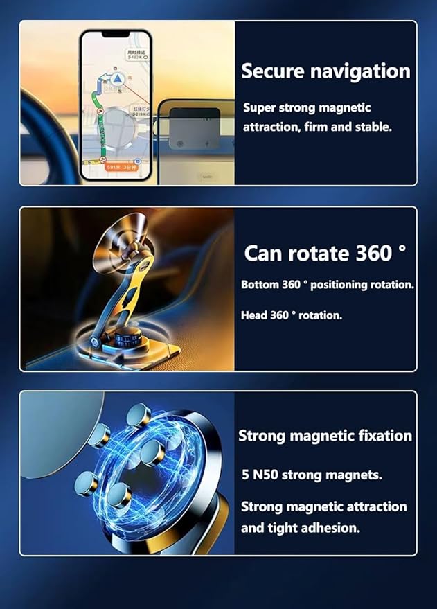 Car Phone Holde, Magnetic Phone Mount for Car, 360 ° Dashboard Car Phone Mount Compatible with Smartphones Such as iPhone