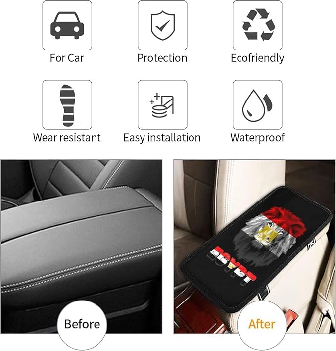Vintage Egypt Egyptian Flag Lion Head Auto Center Console Armrest Cover Car Handrail Box Cushion Pad Mat Universal Fit Most Vehicle Sedan Truck SUV Soft Comfort Decor Accessories