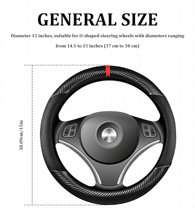 Car Steering Wheel Cover, Steering Wheel Accessories, 15 Inch Microfiber Leather Carbon Fiber Soft Anti-Slip Breathable, Car Accessories Elastic Non-Slip Cover for Most Vehicles (Black)