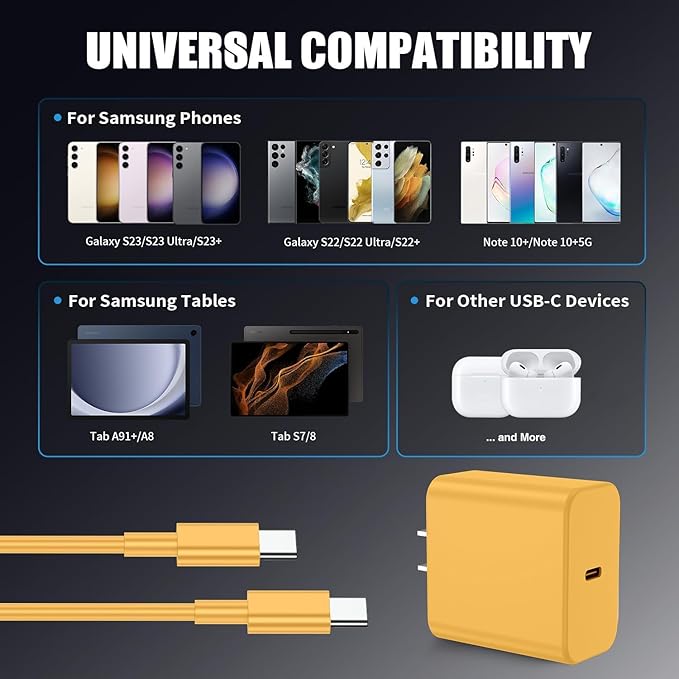 3Pack USB C Charger for Samsung Galaxy S24 Ultra, Super Quite Fast Charging Type C Block with 6FT C to C Cord for Samsung Galaxy Tab S9 S8 S23 Ultra S22 Ultra S23 S22 S21 Note 10 Plus 20,Yellow