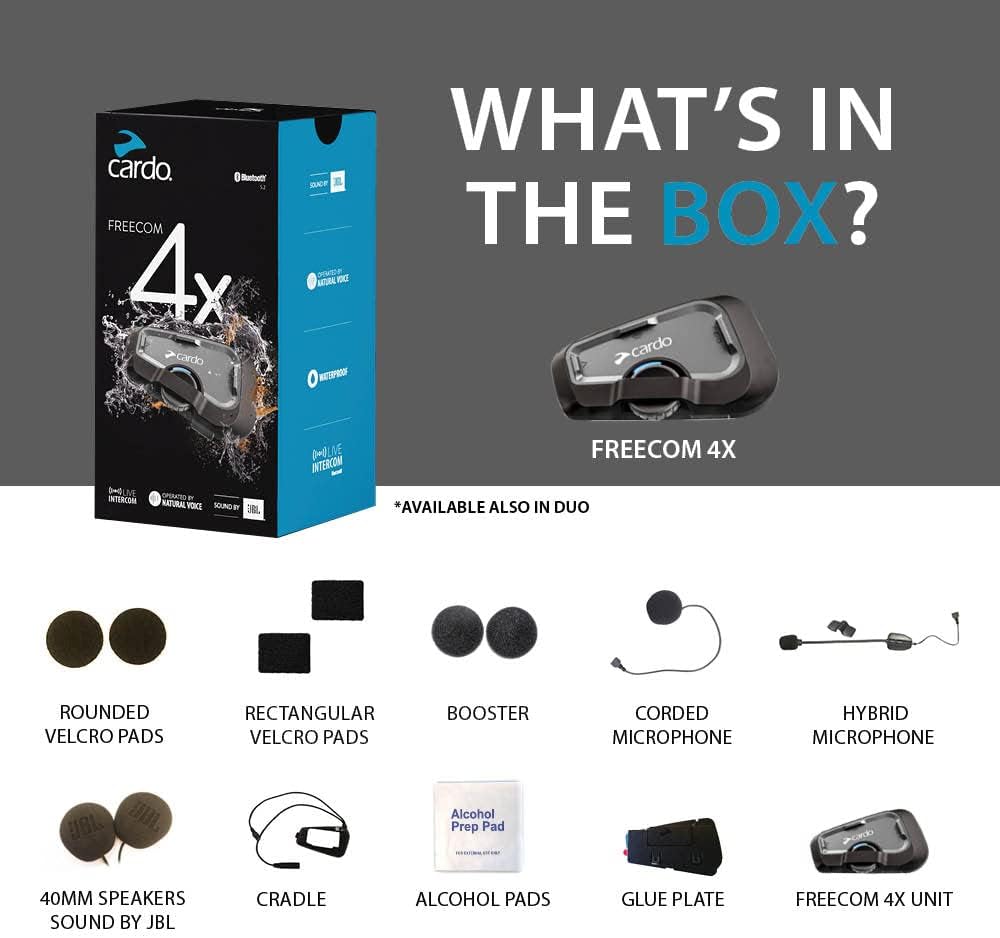 Cardo Systems FREECOM 4X Motorcycle 4-Way Helmet Bluetooth Communication System Headset Intercom, Universal Bluetooth Connectivity, Waterproof, 40mm Speakers - Single Pack