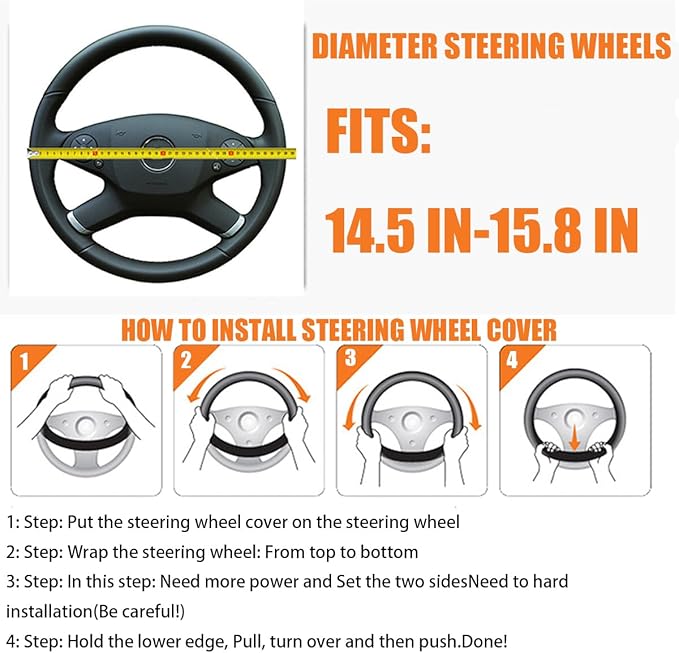 Car Steering Wheel Cover, Anti-Slip Leather Breathable Comfortable Automotive Steering Wheel Cover Protector Decoration for Men and Women, 15 Inch Universal for SUV, Truck, RV（Black）