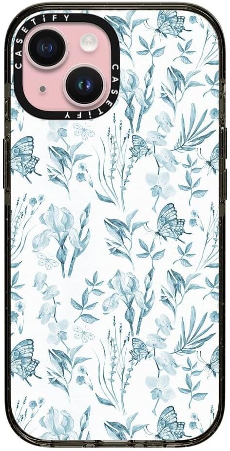 CASETiFY Impact iPhone 15 Case [Slim/Compatible with Magsafe / 8.2 ft. 4X Military Grade Drop Protection] - Elegant Pastel Blue Vintage Butterfly Floral - Clear Black