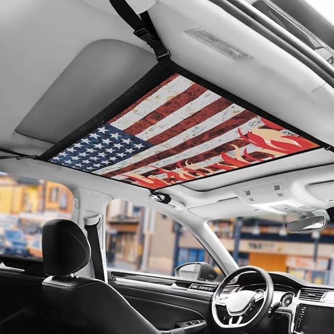 Fire American Flag Car Seat Organizer Roof Storage Tidy Pouch Pocket Car Travel Accessories Suitable for Cars, SUVs
