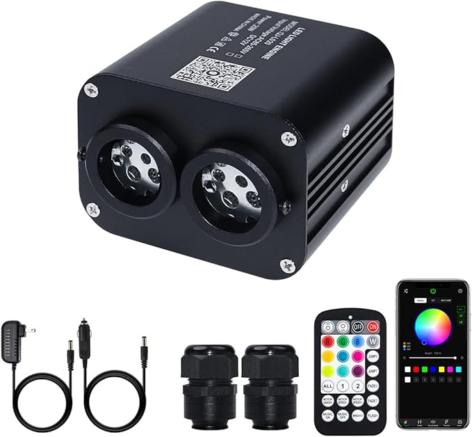 AMKI Dual Color 20W Twinkle Sound Mode RGBW Dual Port Light Source Engine Driver Remote/APP Control Starlight Box Motor for Fiber Optic Star Ceiling Light Kit