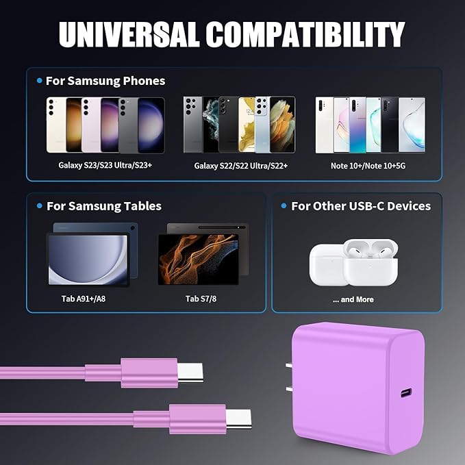 3Pack USB C Charger for Samsung Galaxy S24 Ultra, Super Quite Fast Charging Type C Block with 6FT C to C Cord for Samsung Galaxy Tab S9 S8 S23 Ultra S22 Ultra S23 S22 S21 Note 10 Plus 20,Purple