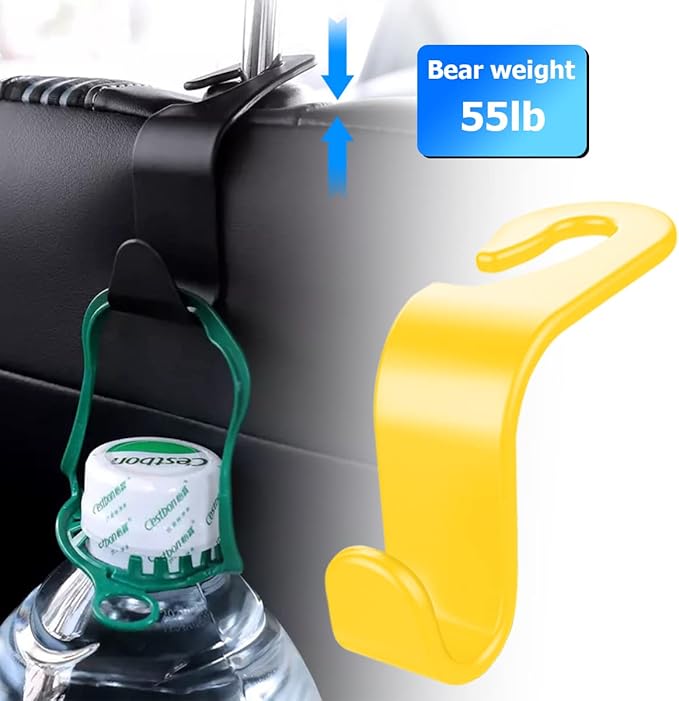 Car Back Seat Headrest Hooks, 4PCS Vehicle Backseat Storage Organizer Hanger, Multifunctional Auto Headrest Hidden Hook Universal for Handbag Purse Backpacks Bags and Groceries (Yellow)