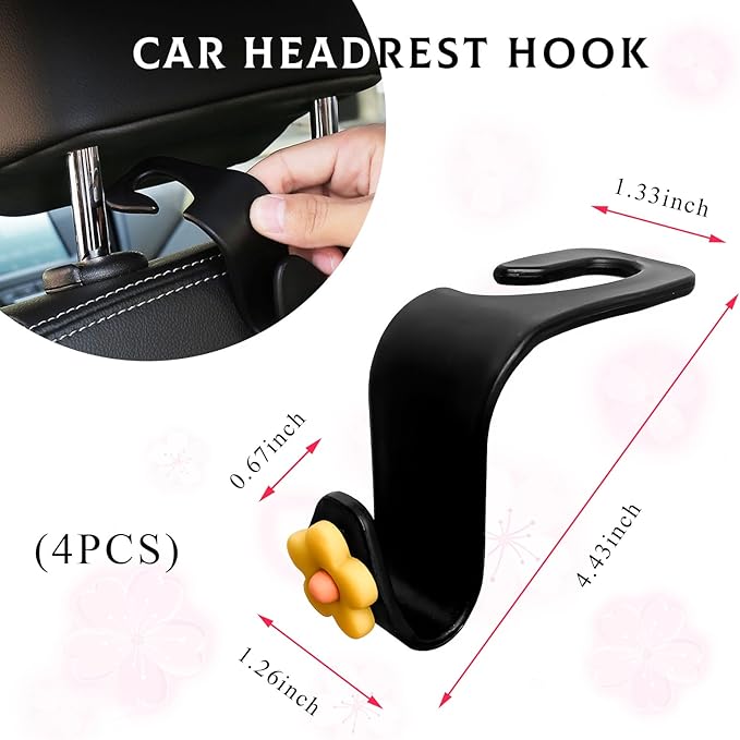 4 PCS Car Seat Headrest Hook, Plastic Headrest Hooks with Adhesive Flower, Auto Back Seat Hanger Storage Hook for Grocery Bag Purse Handbag Umbrella, Car Accessories (Dark Yellow)