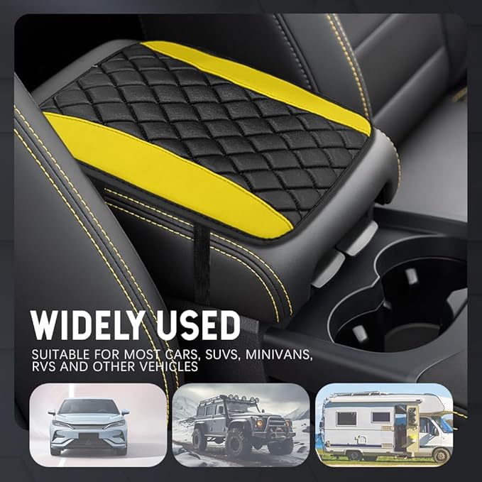 Car Center Console Cushion Pad, Car Armrest Cover, Universal Leather Waterproof Armrest Seat Box Cover, Car Decor Accessories Comfortable Auto Armrest Cover Protector for Cars (Yellow)