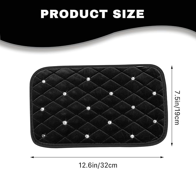 Bling Car Center Console Cover, Soft Fluffy Armrest Seat Box Cushion Pad, Crystal Diamond Arm Rest Protection Mat, Automotive Interior Decoration Accessories for Most Vehicles (Black)