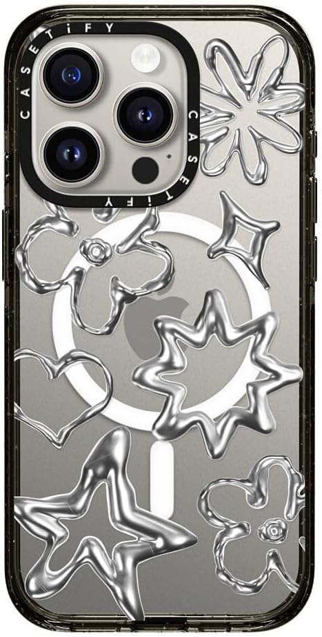 CASETiFY Impact iPhone 15 Pro Case [4X Military Grade Drop Tested / 8.2ft Drop Protection/Compatible with Magsafe] Chrome Doodles - Clear Black