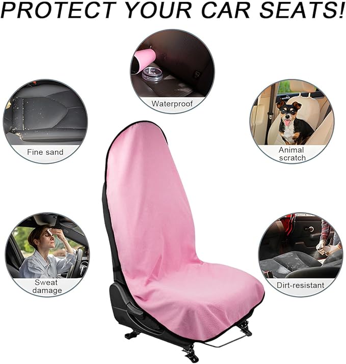 Waterproof Car Towel Seat Cover, Sweating Non-Slip Premium Towel Carseat Cover Protector, Universal Soft Machine Washable Car Truck SUV Front Seat Cover for Gym Workout Beach Hiking (Pink)