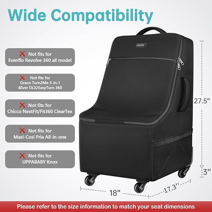 YOREPEK Padded Car Seat Travel Bag for Airplane with Wheels,Heavy Duty Carseat Bags for Air Travel,Rolling Airport Gate Check Bag,Travel Car Seat Backpack with Extra Storage for Baby Travel Essentails