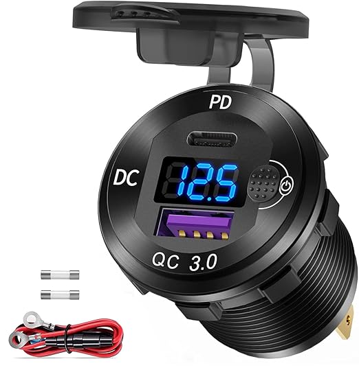 Aluminum Alloy USB C Car Charger Socket,12V USB C Outlet, PD 36W and Quick Charge 3.0 18W Dual Port Waterproof Power Adapter with Voltmeter and Switch for Marine Truck Motorcycle Boat Golf cart RV