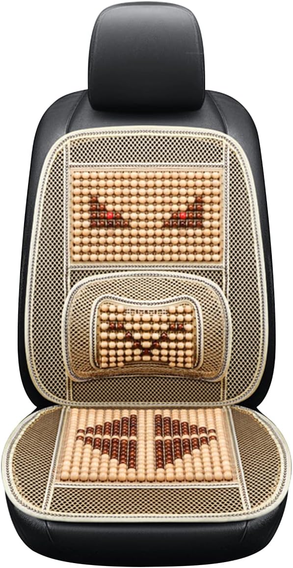 Natural Wood Beaded Seat Cover with Cooling Ventilated Mesh, Massage Seat Cushion with Lumbar Support for Car/Truck Driver