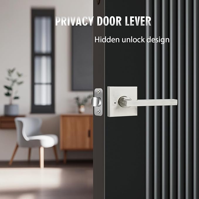 2 Pack Brushed Nickel Privacy Door Handles for Bed/Bathroom Interior Door Knob, Reversible Door Locks for Left or Right Sided Doors