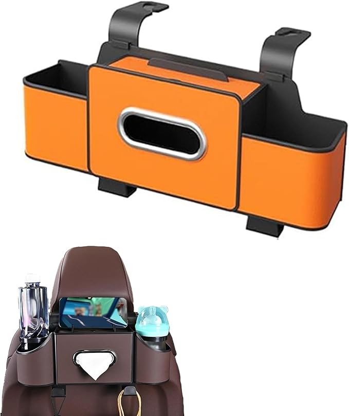 Car Organizers and Storage Box, Multifunctional Car Organizer and Storage Box Back Seat, 3-in-1 Holder Tissue Dispenser, Phone Stand for Snacks, Drinks, Bag Hook, Keep Tidy & Organized (Orange)