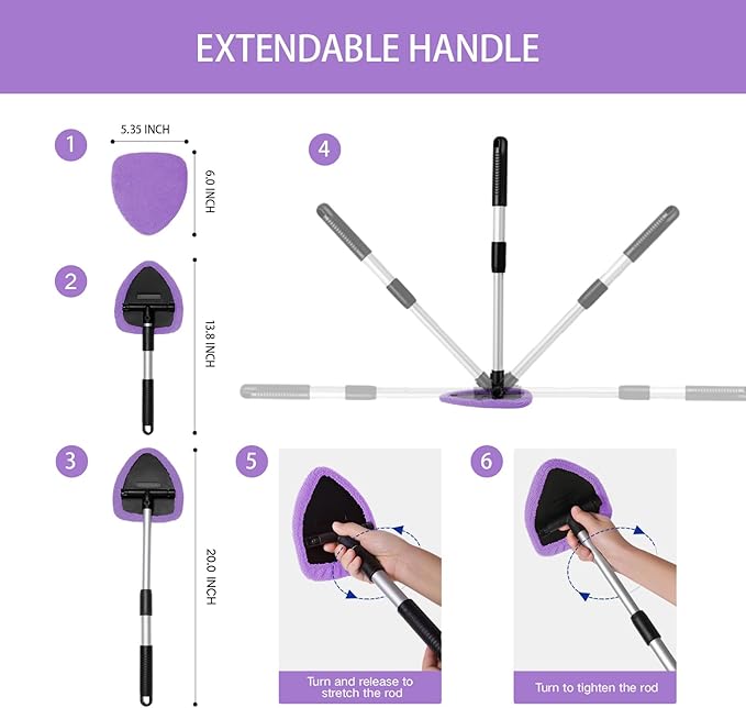 Qydipclin 7pcs Windshield Cleaner Tool Car Window Cleaning Wash Kit with 4 Reusable Microfiber Pads 1 Spray Bottle and Extendable Handle Auto Glass Wiper Kit, Purple