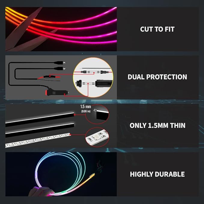 Ambient Lighting Car Led Lights Interior Kit with Wireless APP,43.3 inches Dream Color Acrylic Led Strips Lights for Car, 12V Fiber Optic Music Sync Neon Center Console Dashboard Interior Lights