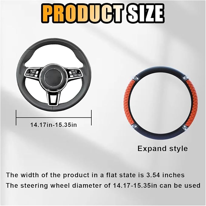 Bling Soft Leather Steering Wheel Cover, 15 Inch Colorful Rhinestones Auto Elastic Protector with Crystal Diamond for Women Girls, Car Accessories for Most Cars, SUVs (Orange)