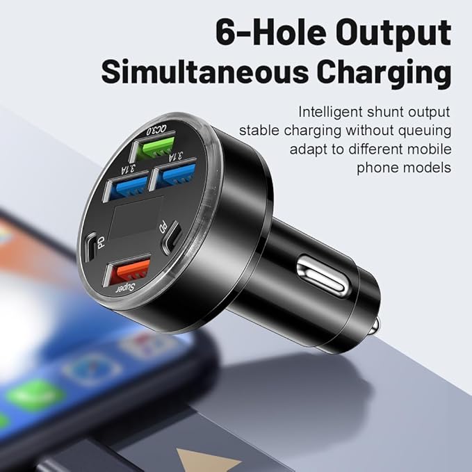 Super Fast Charging 150W 6-Port USB C Car Charger Adapter with Voltmeter, 2PD +2USB 3.1A + QC3.0 &Super Multi Port Cigarette Lighter USB Charger for iPhone, Android, Samsung, iPad Pro