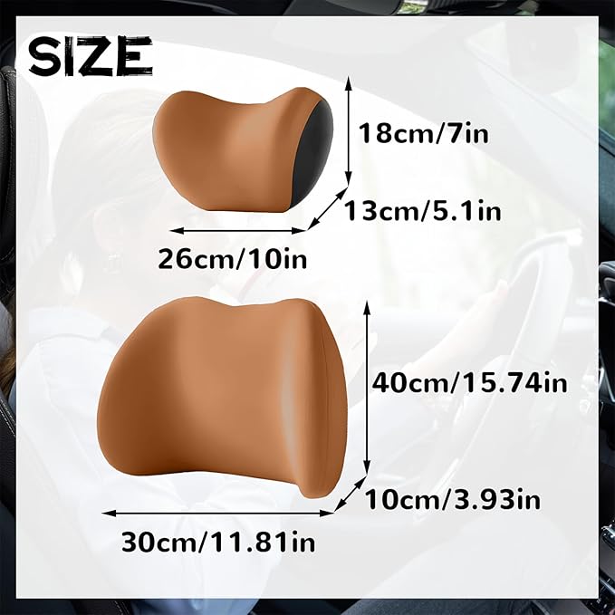 Car Headrest & Lumbar Support Cushion, Car Headrest and Lumbar Support, Ergonomic Car Seat Headrest & Lumbar Cushion, Car Head Rest and Lumbar Pillow Set for Neck Back Pain Relief (Brown)