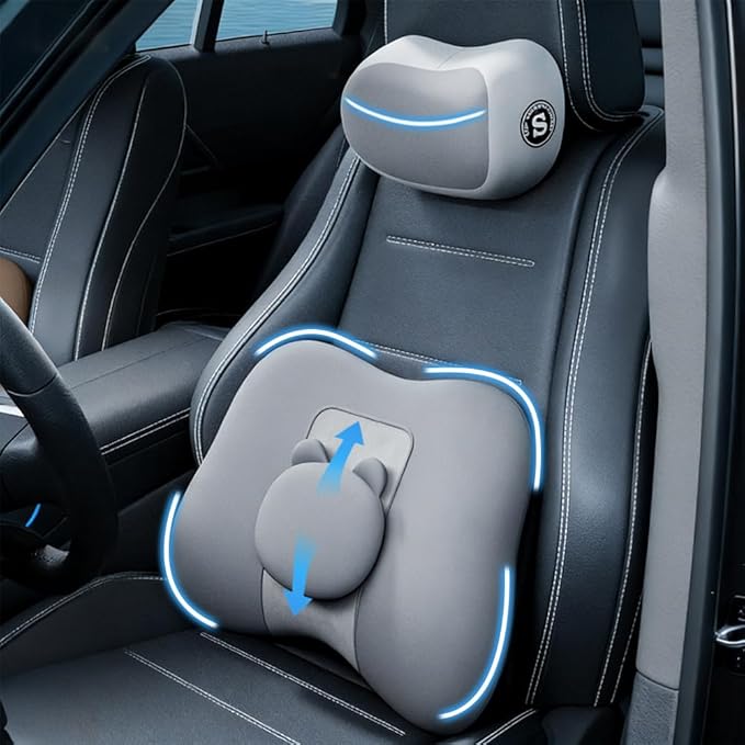 Car Lumbar Support and Neck Pillow for Driving Seat, Memory Foam Car Back Support Pillow & Headrest for Improve Posture, Driver Back Neck Sciatica Pain Relief Cushion (Grey)