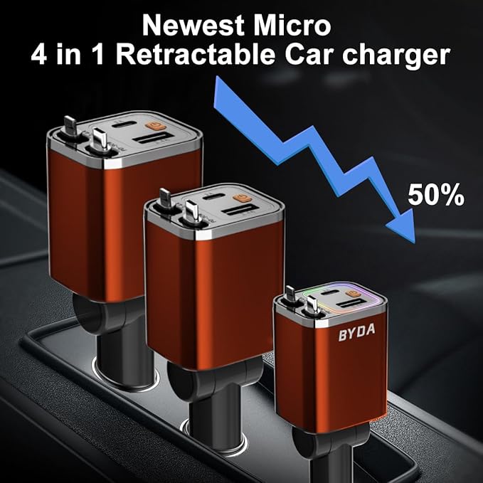 4 in 1 Retractable Car Charger,69W Cigarette Lighter Charger,USB C Fast Car Charger for iPhone 17 Pro Max 16 15 14 13 12 11 (for Apple+Type C &RGB Breathing Light [Orange])