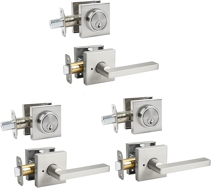Exterior Door Lock Set with Deadbolt, Front Door Handle Set, Heavy Duty Keyed Alike Privacy Handles, (3Pack-Set,Satin Nickel)