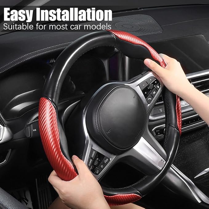 Pincuttee Carbon Fiber Steering Wheel Cover - 3PC, Universal Non Slip Steering Wheel Protector, Car Interior Accessories (Matte Red)