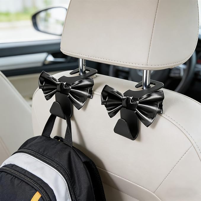 2PCS Cute Bow Car Seat Headrest Hook, Multifunctional Backseat Storage Hanger for Purse Handbag Coat, Automotive Seat Back Bag Holder Organizer, Universal for SUV RV Truck (Black)