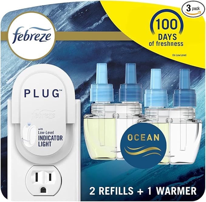 Febreze Plug in Air Freshener, Odor-Fighting Scented Oil Starter Kit, Air Fresheners for Home and Bathroom and Kitchen, Long Lasting for Strong Odors, Ocean Scent, Warmer + 2 Refill