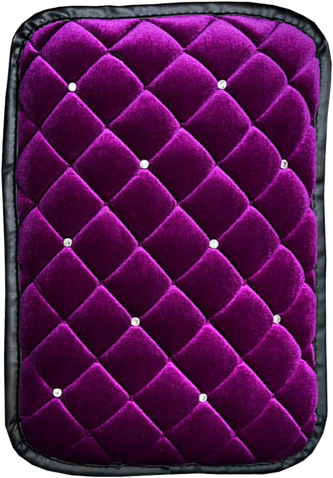 Bling Car Armrest Cover, Crystal Rhinestone Fluffy Automotive Armrest Seat Box Cushion Pad, Soft Comfortable Diamond Car Center Console Cover, Universal Vehicle Accessories (Purple)