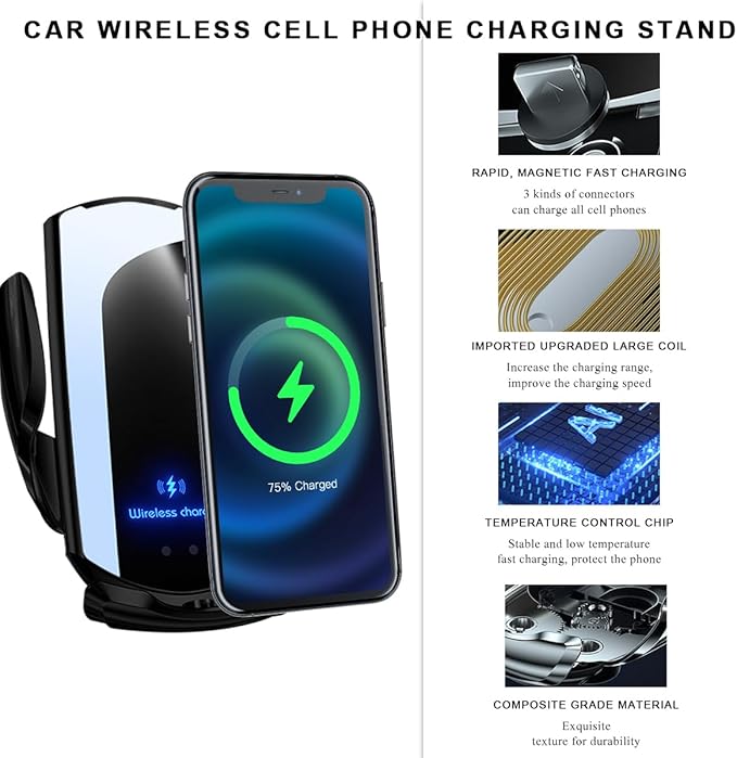 Wireless Car Charger, 15W Fast Charging Air Vent Mount Auto-Clamping Phone Holder, Automotive Electric Induction Charger 360° Rotating Magnetic Vent Mount Bracket for Smartphones (Black)