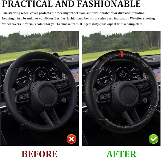 Car Steering Wheel Cover, Steering Wheel Accessories, 15 Inch Microfiber Leather Carbon Fiber Soft Anti-Slip Breathable, Car Accessories Elastic Non-Slip Cover for Most Vehicles (Black)