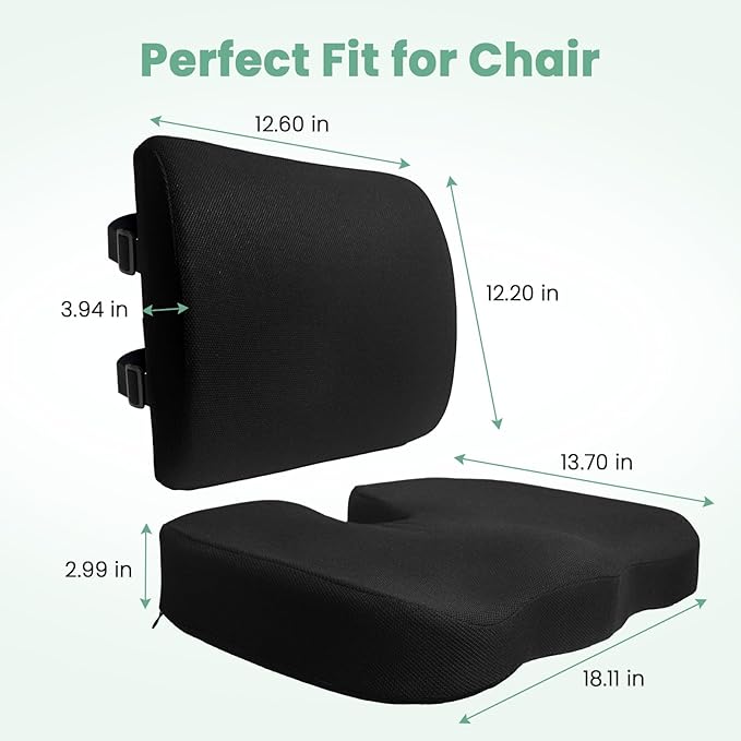 Seat Cushion and Lumbar Support Pillow for Office Chair, Wheelchair, Memory Foam Coccyx Cushion for Sciatica Tailbone Pain Relief, Back Support for Car Chairs, Desk Chair