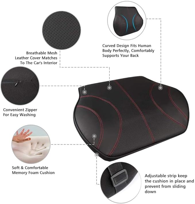 Aukee Lumbar Support Pillow for Car, Genuine Leather Memory Foam Pillow Lower Back Cushion for Office Chair with Adjustable Strap (Black)