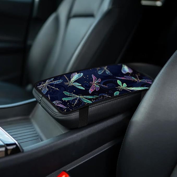 1pc Center Console Armrest Cover Pad 12.6x7.5 inch Dragonfly Neoprene Car Armrest Cushion Waterproof Armrests Seat Box Cover Protector for Universal Cars Vehicles SUVs