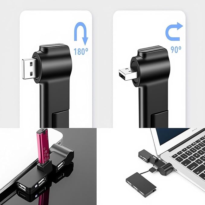 Mini USB 2.0 Hub 4 Port USB Hub,[90°/180° Degree Rotatable] USB Hub USB Extension for Mouse, Keyboard, Hard Drive or More USB Devices - Black