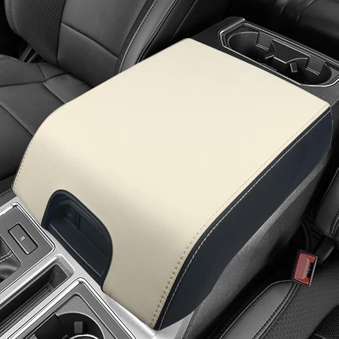 XITER 1PC Leather Center Console Armrest Box Cover Waterproof Cushion Pad for F150 2015-2020 F250 F350 F450 Super Duty 2017-2022 Expedition 2018-2023(Beige+Black)