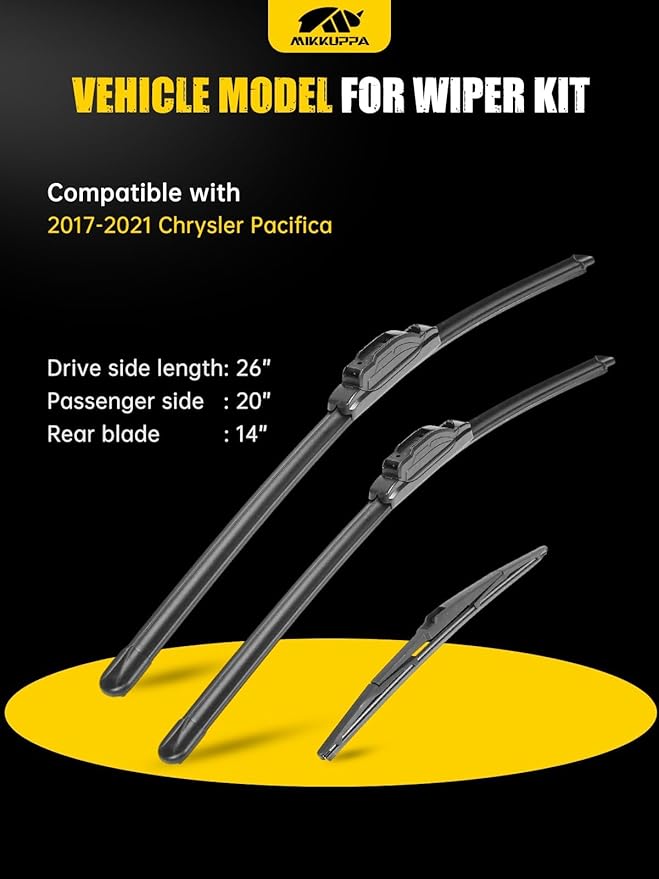 MIKKUPPA 26"+20"+14" Windshield Wipers Blades Replacement for 2017-2021 Chrysler Pacifica, U/J HOOK Front & Rear All Season Wiper Blades Set(Pack of 3)
