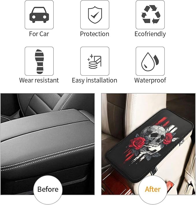 Universal Car Center Console Cushion Pad, Red Flower Skull Soft Waterproof Car Center Console Cover Auto Armrest Seat Box Cover Protector for Most Vehicle SUV Truck Car