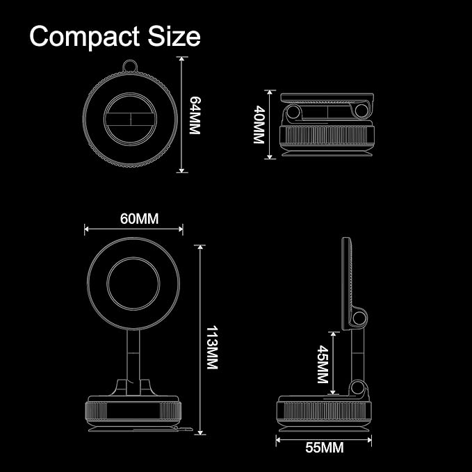 Magnetic Phone Holder for Car,Vacuum Suction Cup Phone Mount,Magsafe Car Mount for iPhone, No Need Charge,Folding Holder for iPhone and Android