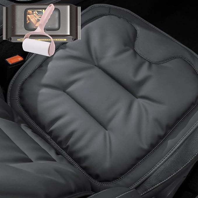 Skin-Friendly & Dirt-Repellent Leather Seat Cushions, 2026 Car Seat Cushion for Driving, 1.57" Thick Comfort Seat Protector, Universal Non-Slip Memory Foam Pad for Car (Black, Front Seat Cushion)