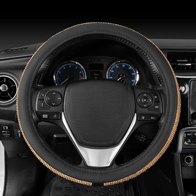 BDK Bling Bling Glitter Diamond Leather Steering Wheel Cover with 9 Rows Crystal Rhinestones, Universal Fit 14.5-15.5 Inch for Women/Girls (Bling Crystal Diamonds - Gold)